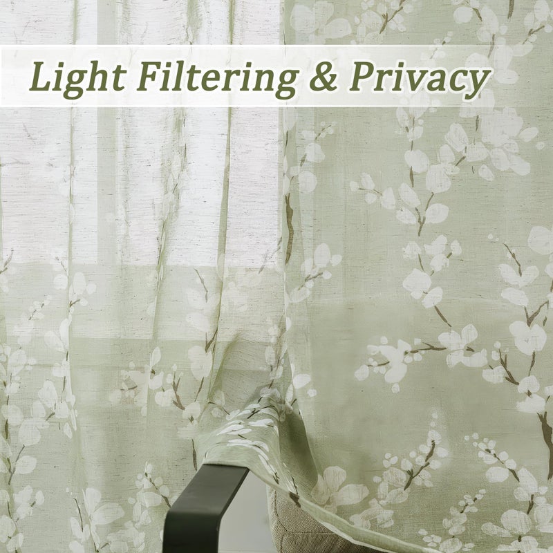 FMFUNCTEX Linen Sheer Curtains for Bedroom, Sage Green Blossom Print Curtains 84 Inches Long for Living Room,Floral Patterned Farmhouse Curtain Light Filtering Window Drapes 2 Panels, Rod Pocket - Image 3